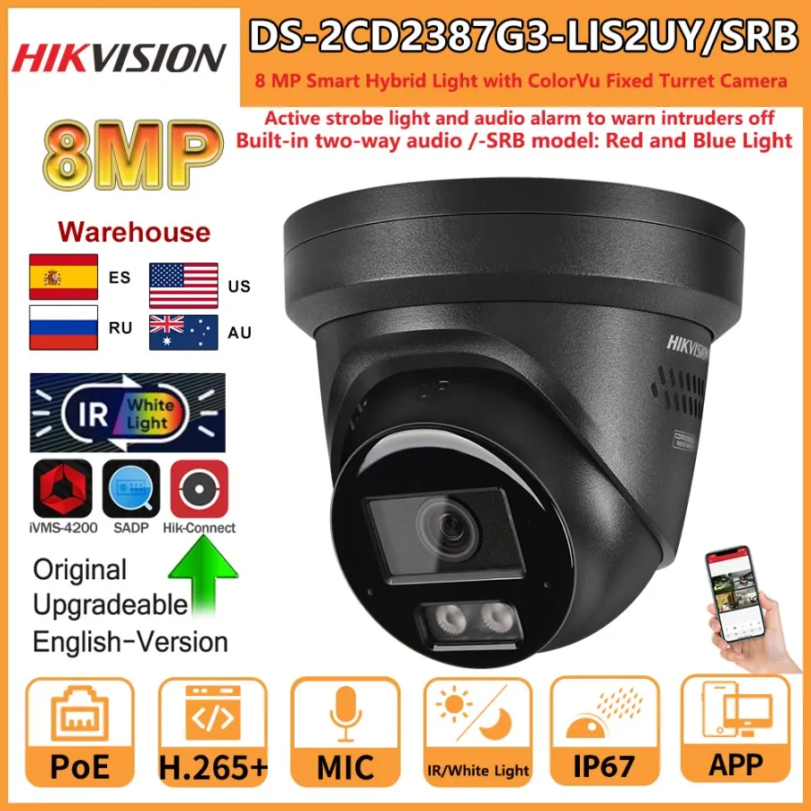 Hikvision 8MP IP Camera DS-2CD2387G3-LIS2UY/SRB Smart Hybrid Light ColorVu Turret Camera Red Blue Light Audio Alarm 2-Way Audio