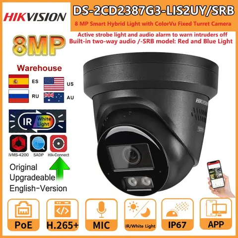 Hikvision 8MP IP Camera DS-2CD2387G3-LIS2UY/SRB Smart Hybrid Light ColorVu Turret Camera Red Blue Light Audio Alarm 2-Way Audio