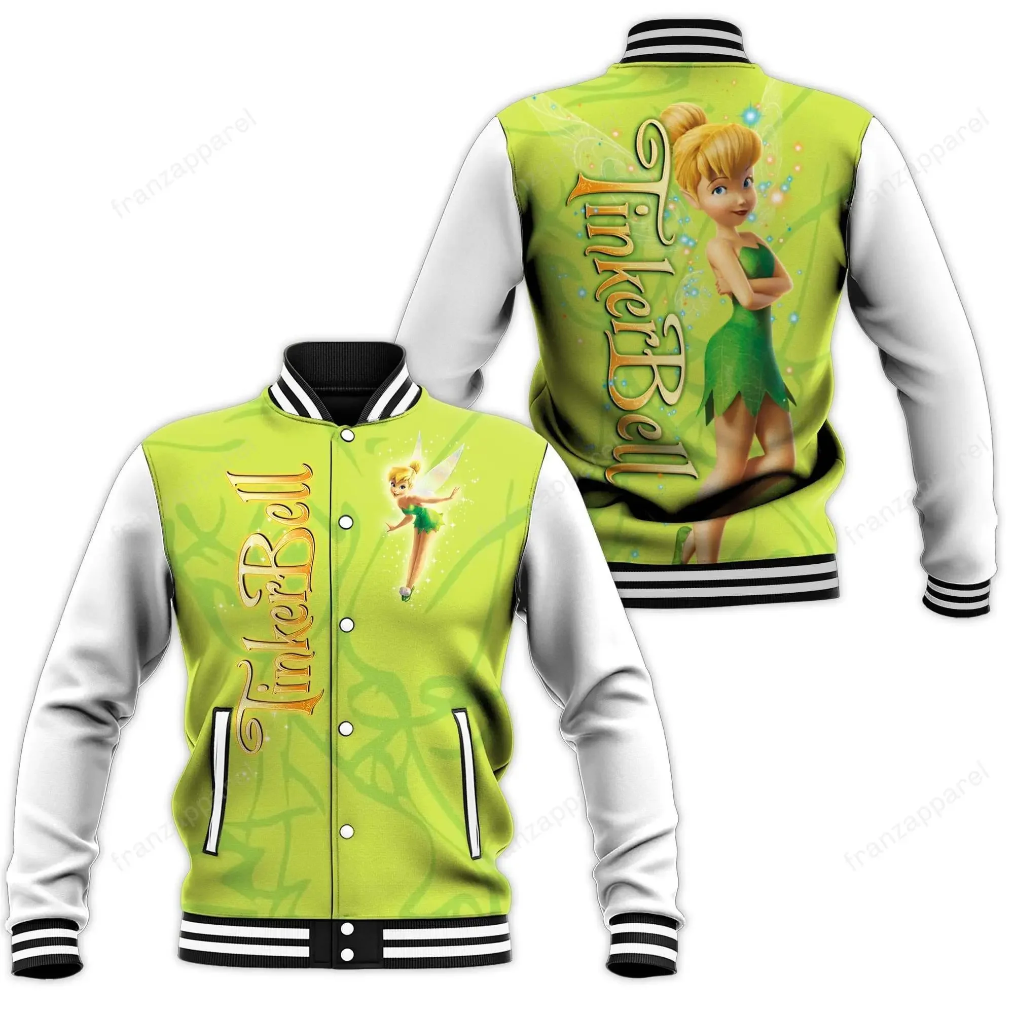 

2023 New Disney Tinker Bell Baseball Jacket Men Women Hip Hop Harajuku Jackets Streetwea Boys Girls Loose College Coats