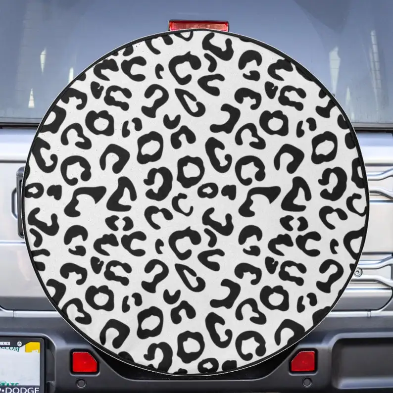 White Cheetah / Leopard Print - Spare Tire Cover for Jeep Wrangler, Jeep Liberty, 2021 Bronco, RV, Camper - Optional