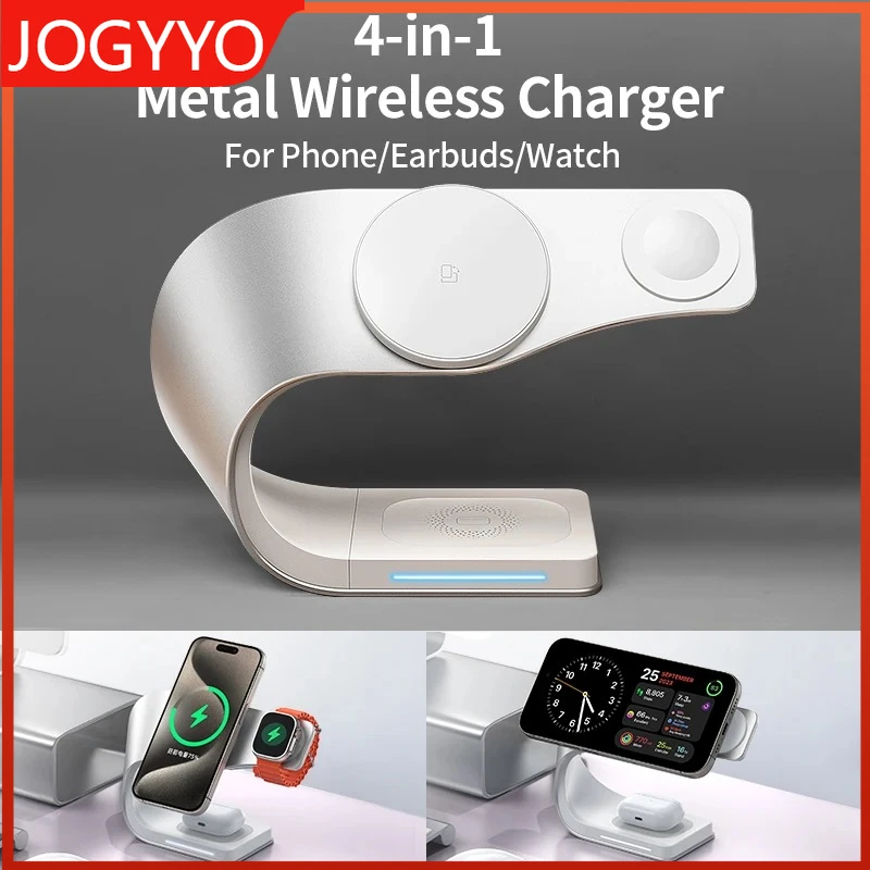 

4 in 1 Wireless Charger Metal Shell Magnetic 15W Fast Charging Station Stand with LED Light for iPhone 12-16 17 Mobile Phones
