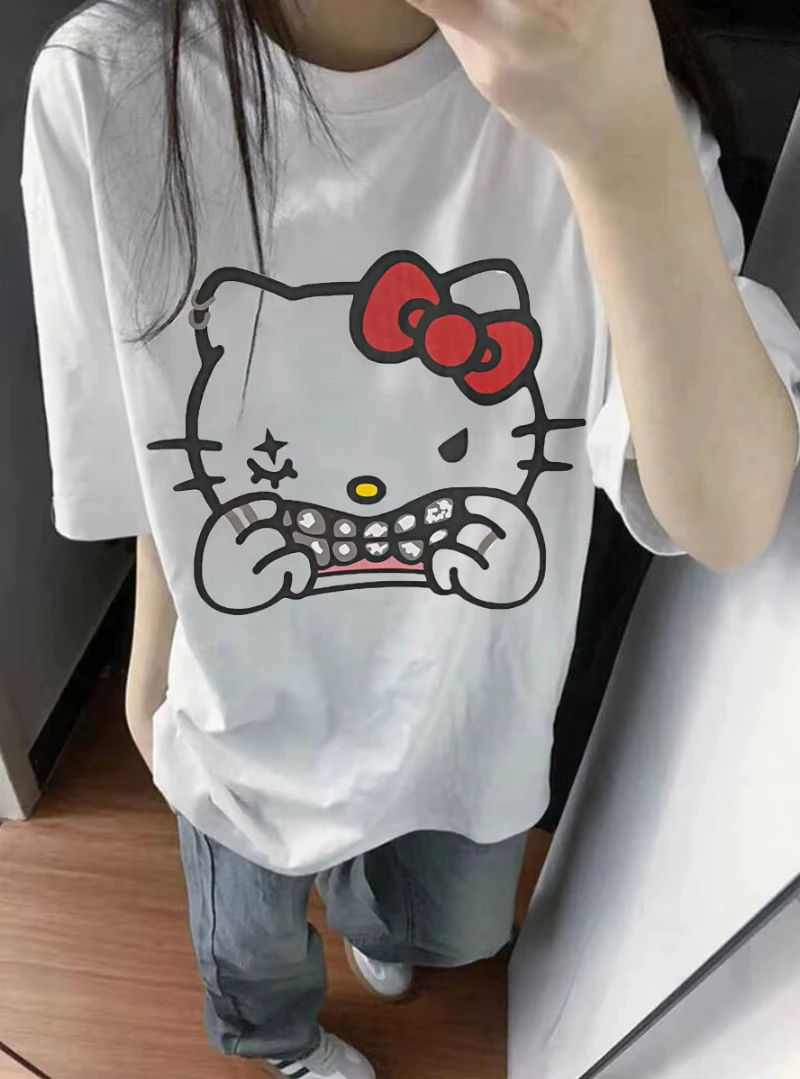 

Hello Kitty корейская версия хип-хопа ретро креативная мультяшная клоун кошка футболка с короткими рукавами женский летний свободный топ оверсайз