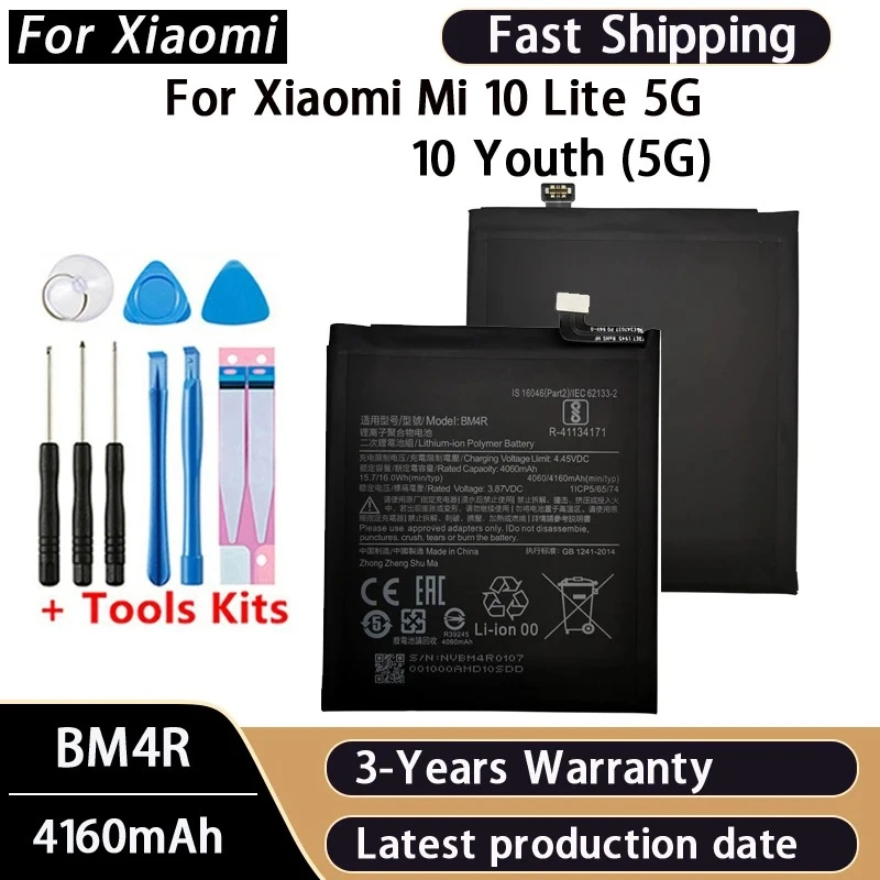 100% Brand New BM4R 4160mAh Battery For Xiaomi Mi 10 Lite 5G Mi 10 Lite Zoom Phone Replacement Batteries +Tools