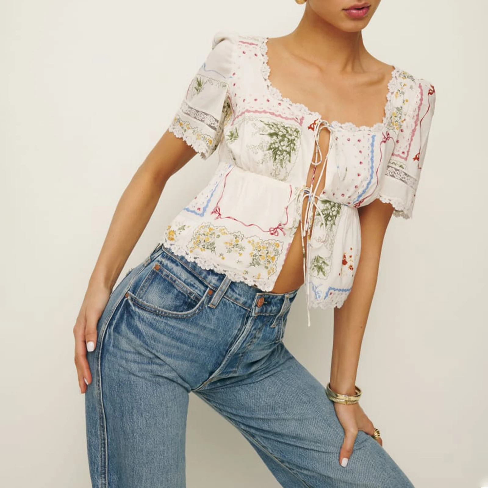 Camicie stringate con fiocco Sexy con albero di spine per le donne elegante manica a sbuffo femminile Chic Slim Floral Tops 2024 Summer Sweet Lady Office Tops