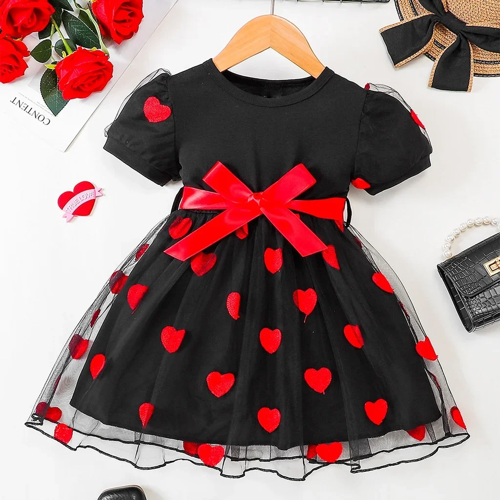 Kids Girl Fashion Birthday Party Dress Bubble Sleeve Red Love Mesh Dress  Girl's Fluffy Dress Summer Wear for Child 4-7Years