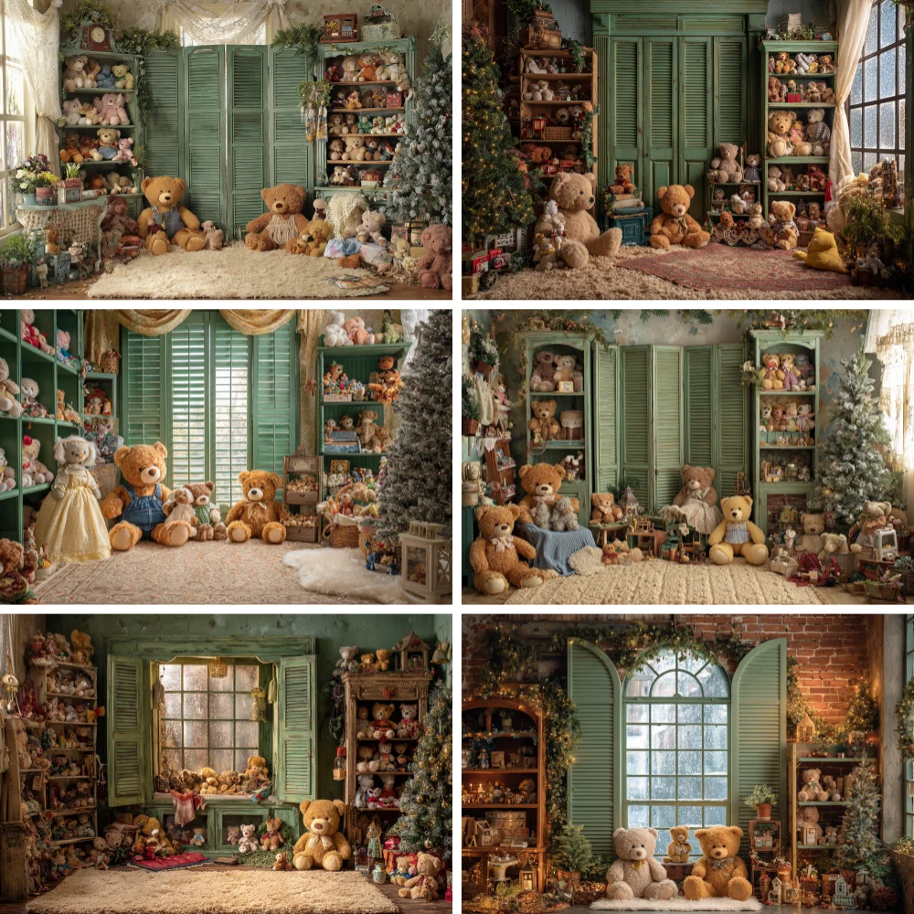 

Christmas Photography Background Xmas Shop Teddy Bear Wooden Window Kids Photo Photographic Family Backdrop Party Decor Props
