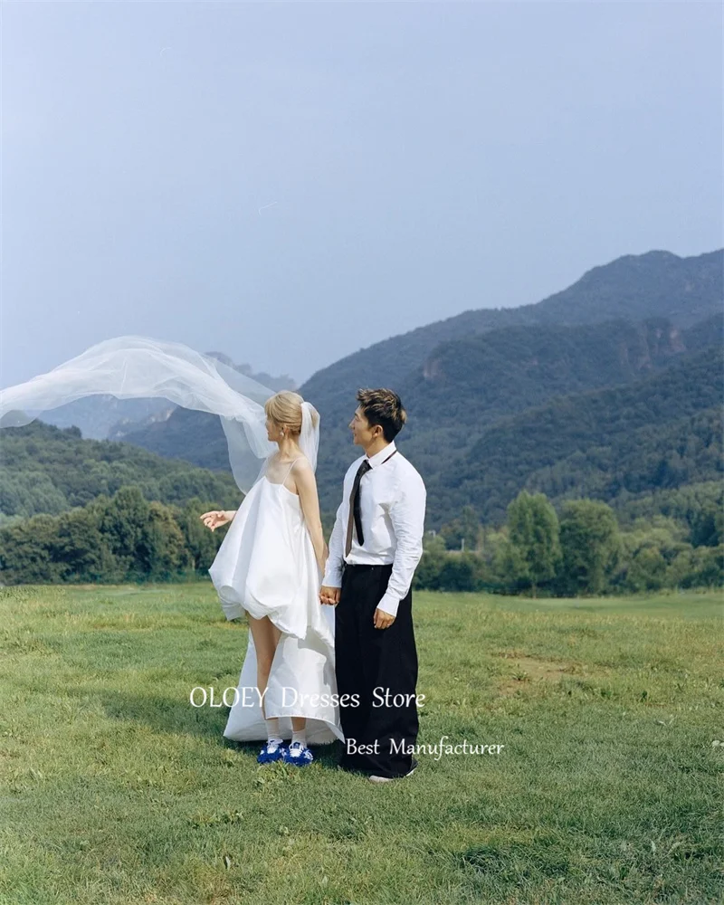 OLOEY السباغيتي الأشرطة قصيرة الجبهة طويلة الظهر فساتين الزفاف كوريا التقطت الصور التفتا شاطئ زي العرائس حفلة رسمية مع الحجاب