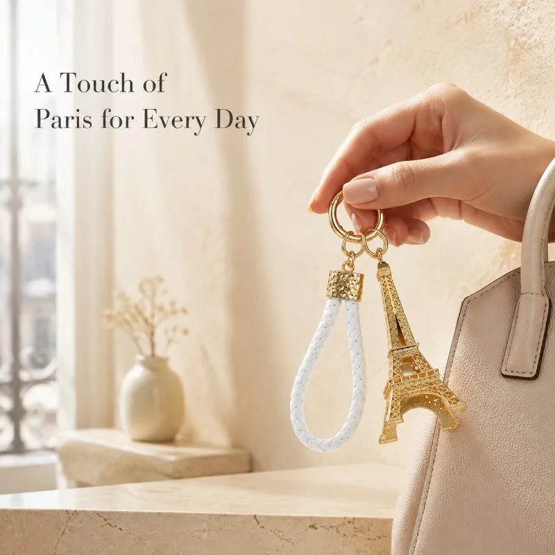 Vintage Golden Hollow Eiffel Tower Keychain White Braided Wrist Strap Decor for Daily Travel Birthday Holiday Gift