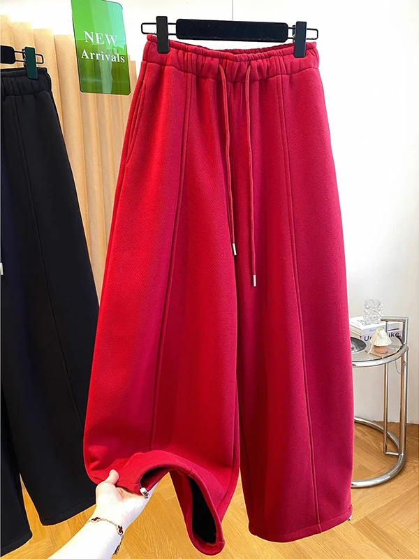 

High Waist Fce Lined Loose Straight Leg Pants Women's plus Size Casual Trousers Elastic Cuffed Slimming Wide Leg Pants