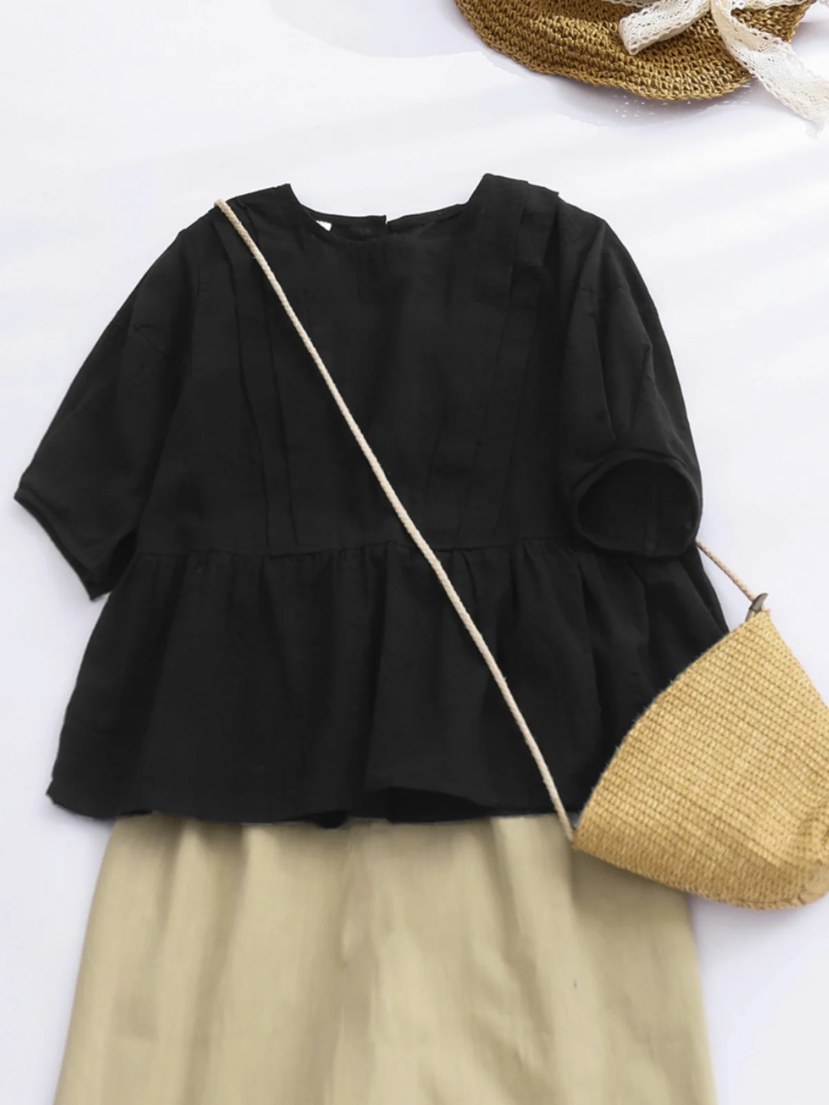 

Loose round Ne ort Sve Doll irt Women's Faion Versatile Top Japanese Sle Casual Commute Vintage Pure Color