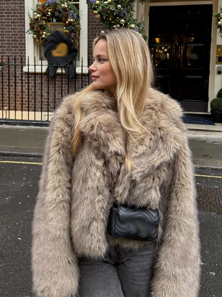 HH レディース ニューファッション フェイクファー風 ショートジャケット 女性用 冬 ラペル 長袖 隠しバックル コート カジュアル ルーズ ハイストリート トップス