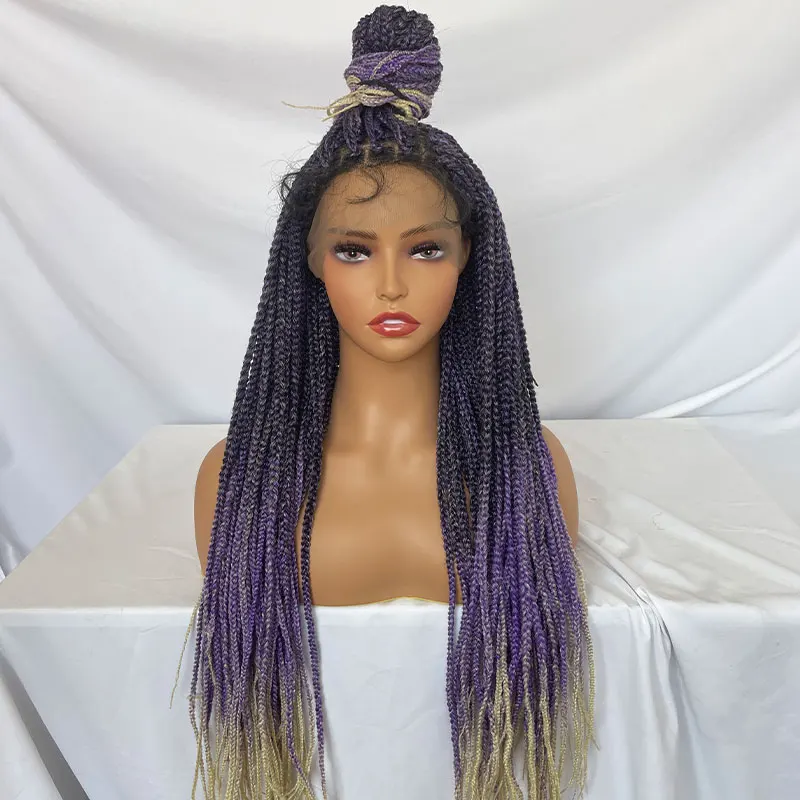 Synthetic Braided Wigs Lace Front Wig 36inches Box Braided Frontal Twist Braiding Hair Ombre Purple 613 With Baby Hair For Women