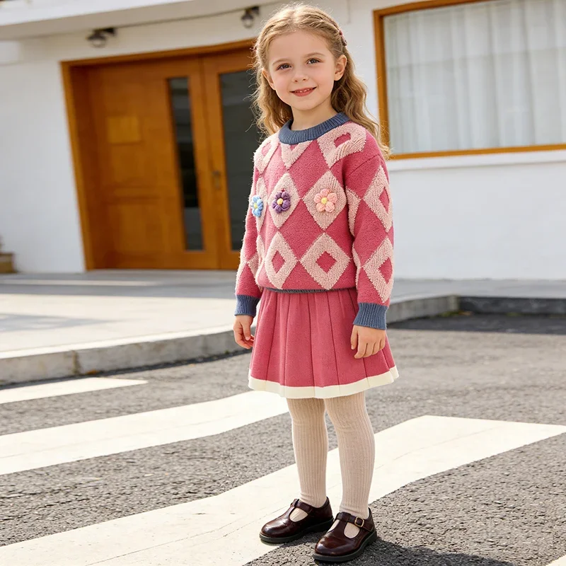 2026 New Spring 2-6Yrs Baby Girls Clothing Set Children Knitted Clothes Suit Long Sleeved Knitted Pullover Tops+Short Skirt