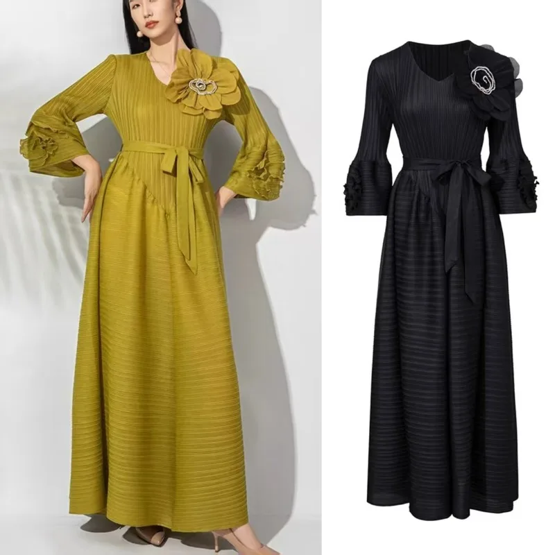 

Miyake плиссированные платья с семью рукавами, женские осенние платья 2022, новые плиссированные пуловеры с v-образным вырезом, французские эластичные длинные платья Jitterbug