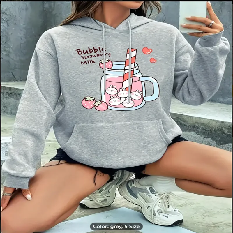 Women's Cute Bunny & Strawberry Print Hoodie - Casual Drawstring Pullover with Kangaroo Pocket, Long Sleeve Polyester - Perfect