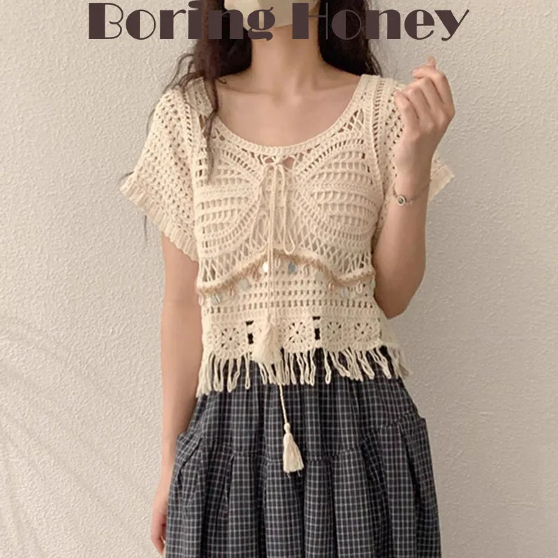 

Boring Honey Fashion Hollow Short-Sleeved T-Shirt Women Summer New Sweet Tassel Lace-Up Short Top With Sequins O-Neck Top Female
