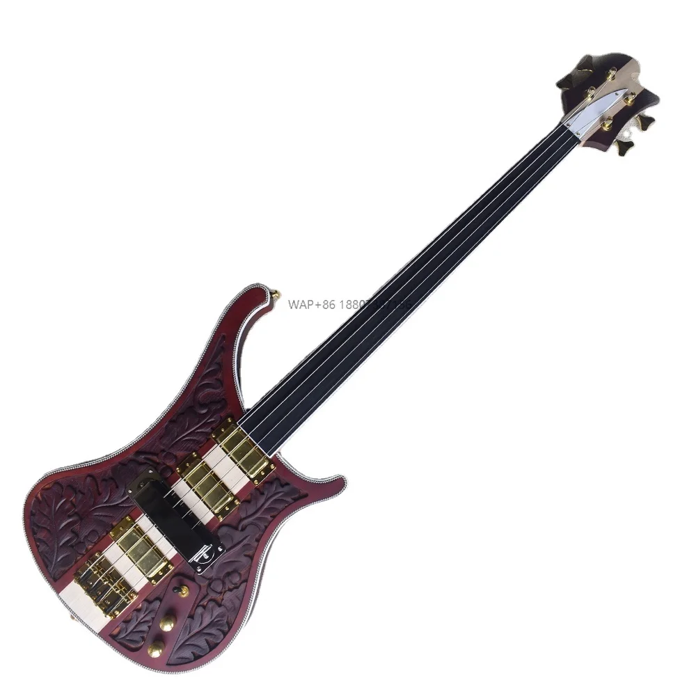 Carved Neck Through 4 Strings Electric Bass Guitar Custom Made Fretless Guitar