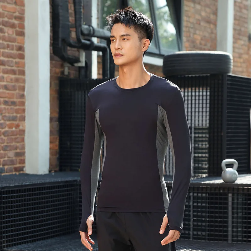 

Outdoor men's sports long sleeve T-shirt, new stitching trendy fitness running shooting suit, round neck men's speed dry tights