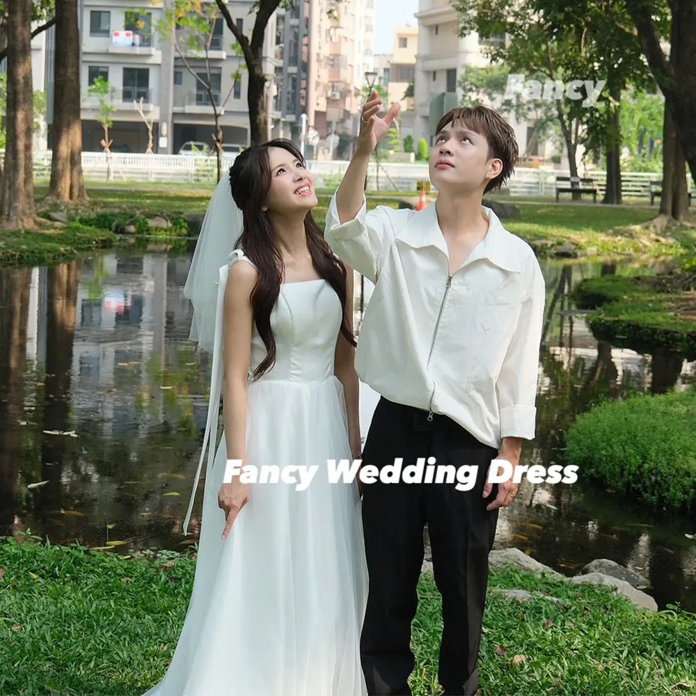 Fancy Korea Simple Square Neck Wedding Dress Photo Shoot A Line Soft Satin Bridal Gown Back Corset Customized