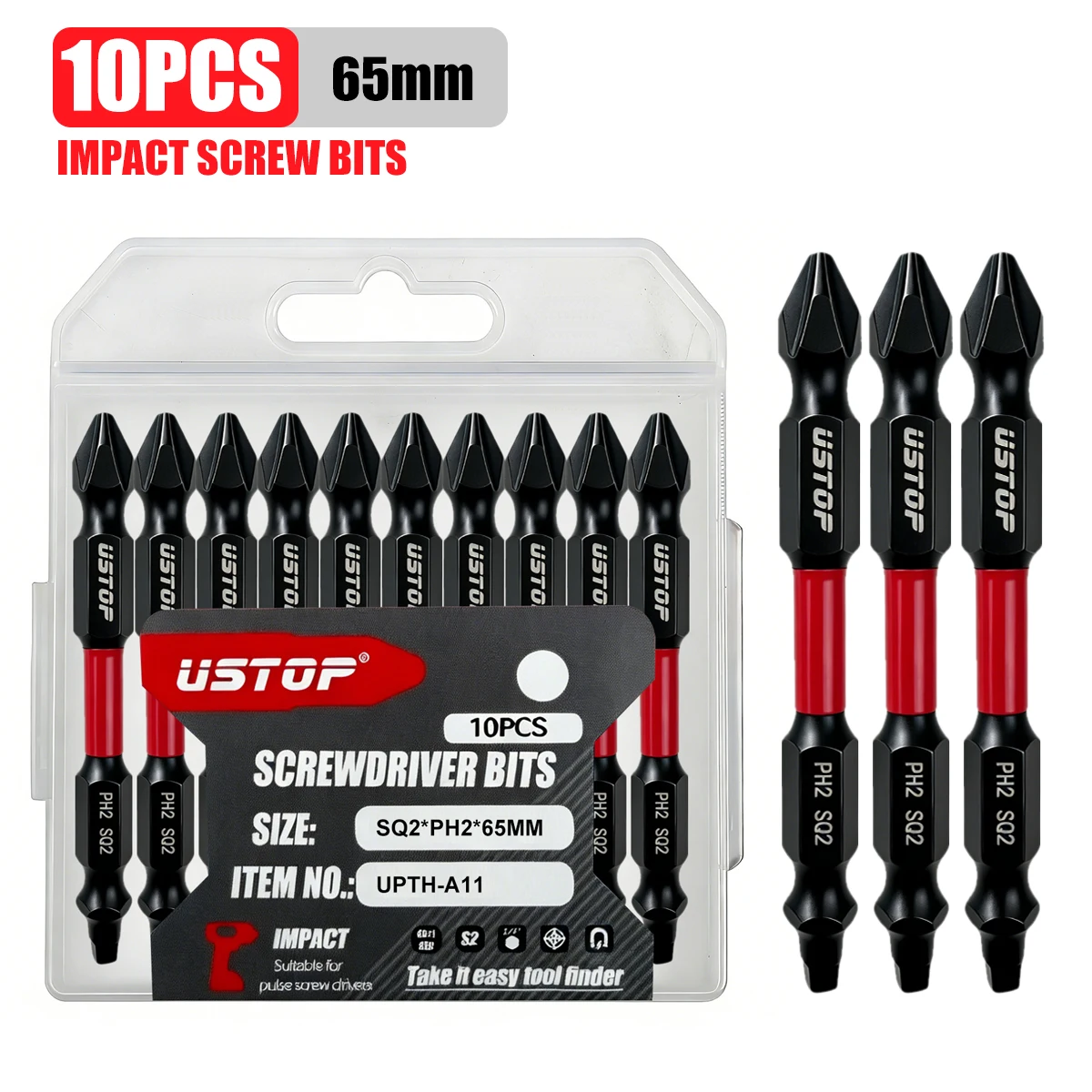 Dual-Purpose Impact Screwdriver Bits 10Pcs 65mm Ph/Sq Dual Specifications S2 Steel Heat-Treated High Hardness Wear-Resistant Suitable for Screw Disassembly and Assembly