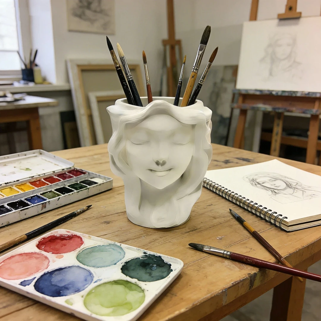 Wabi-sabi style closed-eye girl sculpture pen holder, multifunctional makeup brush holder, healing desktop decoration