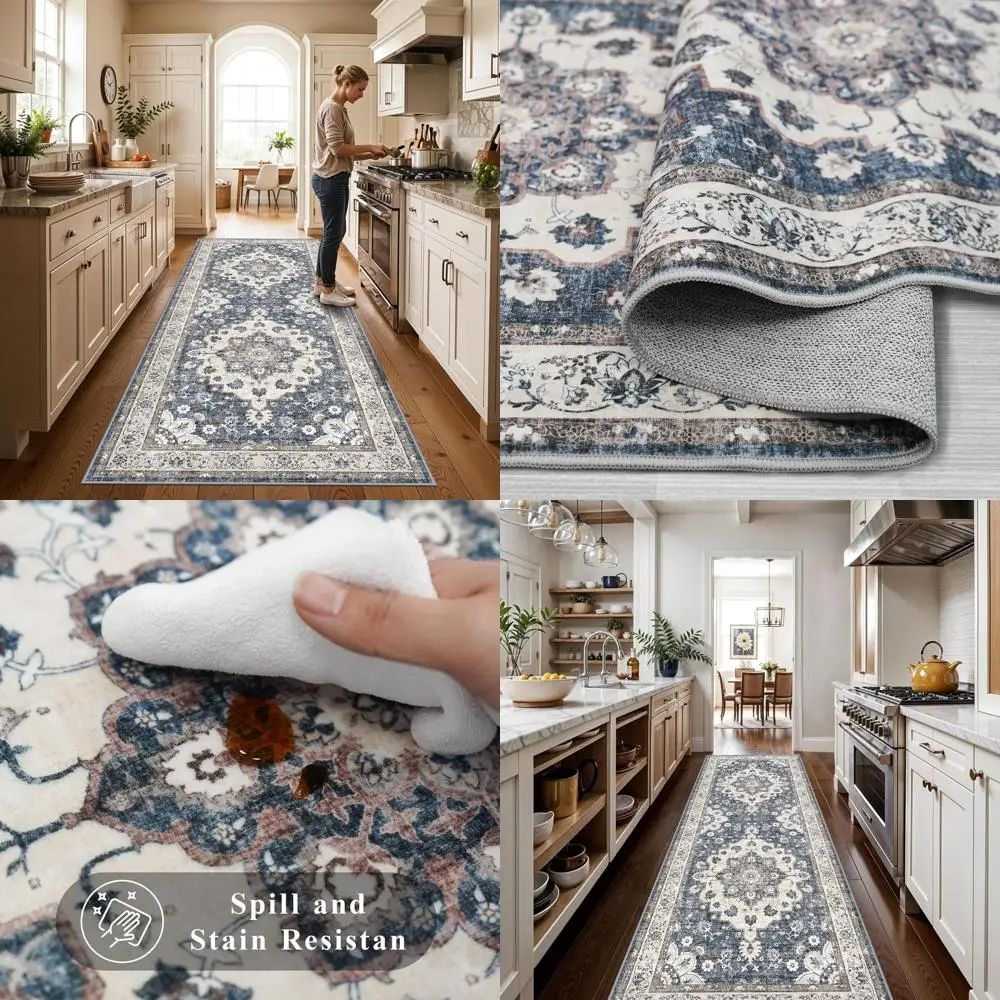 

3x8 Washable Runner Rug: Water-Resistant, Non-Slip Backing for Kitchen, Bedroom, Laundry - Blue