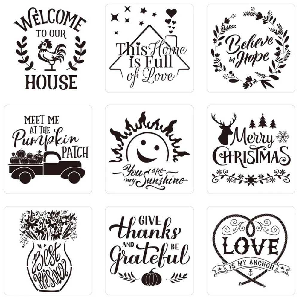 8/9PCS Farm Theme Painting Templates Fashion Wall Painting Letter Formwork DIY Hollow-out Template Home Craft Decor