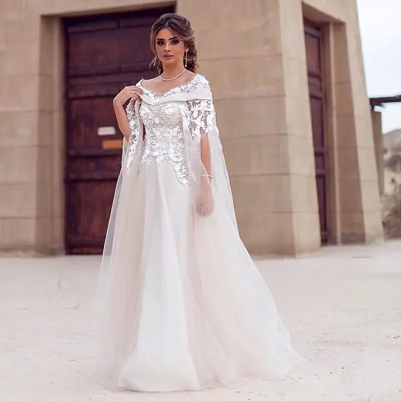 Customized New Style Wedding Dresses Bateau Neck 3D Flower Arabic Dress A Line Bridal Gowns