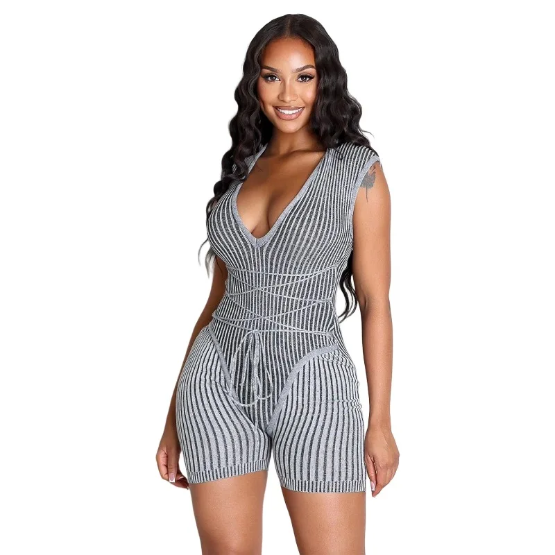 

Striped Ribbed Patchwork Knit Skinny Playsuits Women Sexy V-neck Sleeveless Lace Up Peach Hip Slim Casual Rompers Streetwear