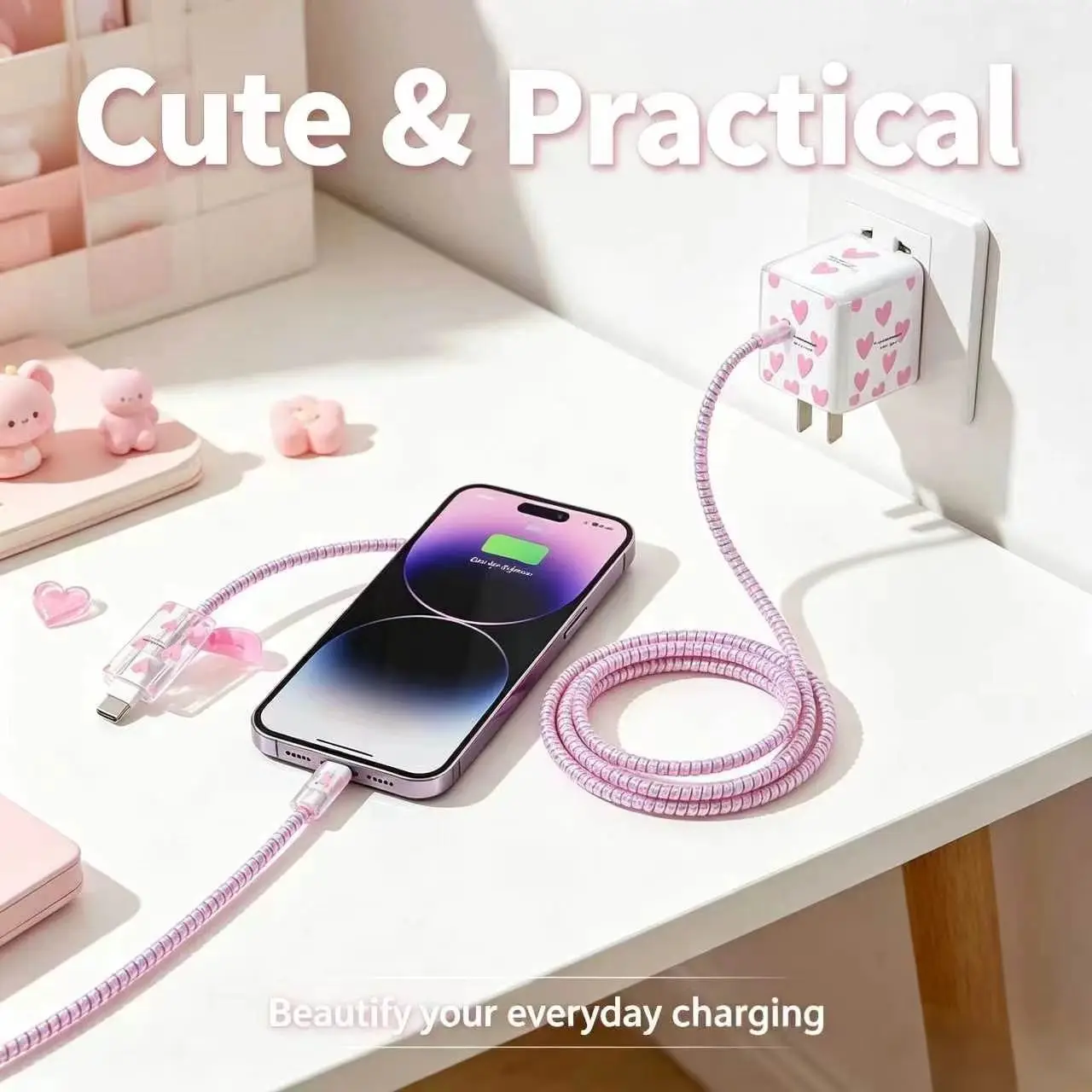 Cute Girl Heart Data Cable Protection Case Suitable for 13/iPhone11/12 Phone Charger 18w/20w