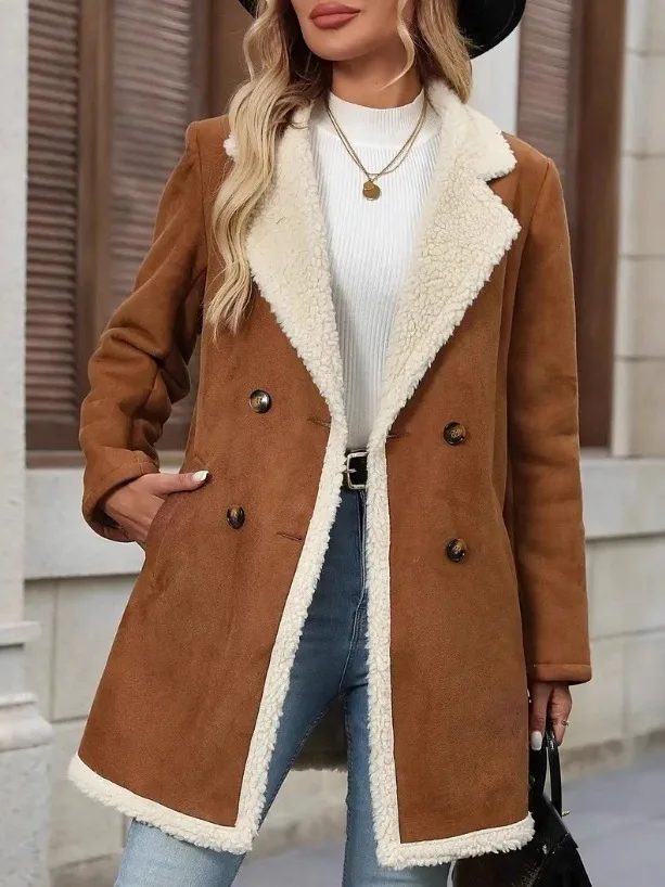 Women's Plaid Suede Jacket Autumn Winter New Style Casual Lapel Medium Length Coat Double Breasted Pure Color Commute Style