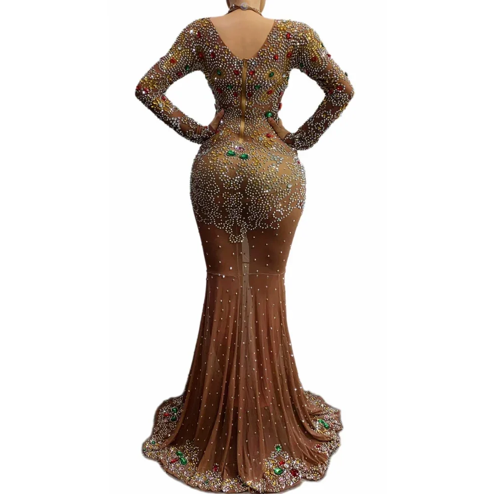 Long Brown Shining Rhinestones Sexy Dress For Women Evening Banquet Clothing Festival Ballroom Wear Entertainers Costumes