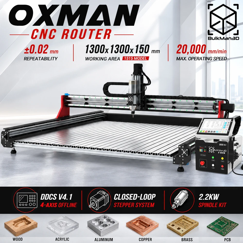BulkMan3D OXMAN 4-Axis CNC Router Kit with Closed-Loop 20K Speed SFU1610 Ball Screw Dual Linear Rails for Metal Wood Plastic DIY