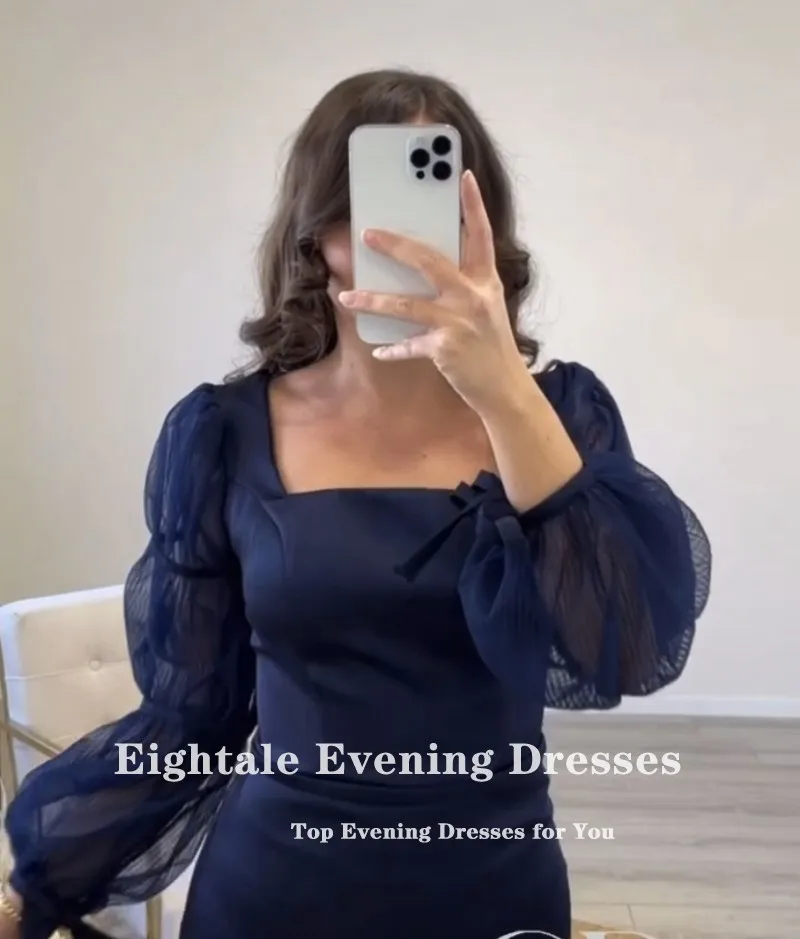 Eightale Navy Blue Evening Dress Puffy Sleeves Satin Mermaid Prom Party Gowns Customized dresses for women