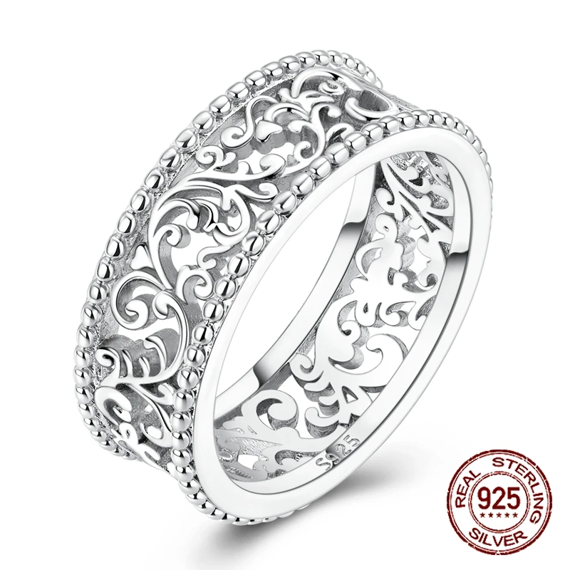 925 Sterling Silver Intricate Hollow Carved Ring Vintage Filigree Pattern Double-Sided Retro Fashion Jewelry Gift for Women