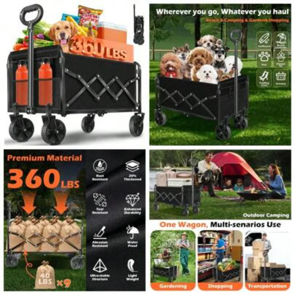 Foldable Wagon Cart with Wheels, Collapsible Utility Cart with Adjustable Handle, Heavy Duty 360 LBS Capacity Portable Garden Wagon for Beach Camping Sports Grocery Shopping Outdoor Picnic, Lightweight Compact Design with 2 Cup Holders, One Second Setup,