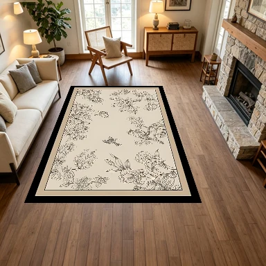 Vintage Bird and Flower Line Drawing Carpet Vintage Floral Bird Pattern Floor Carpet Home Decor Mat