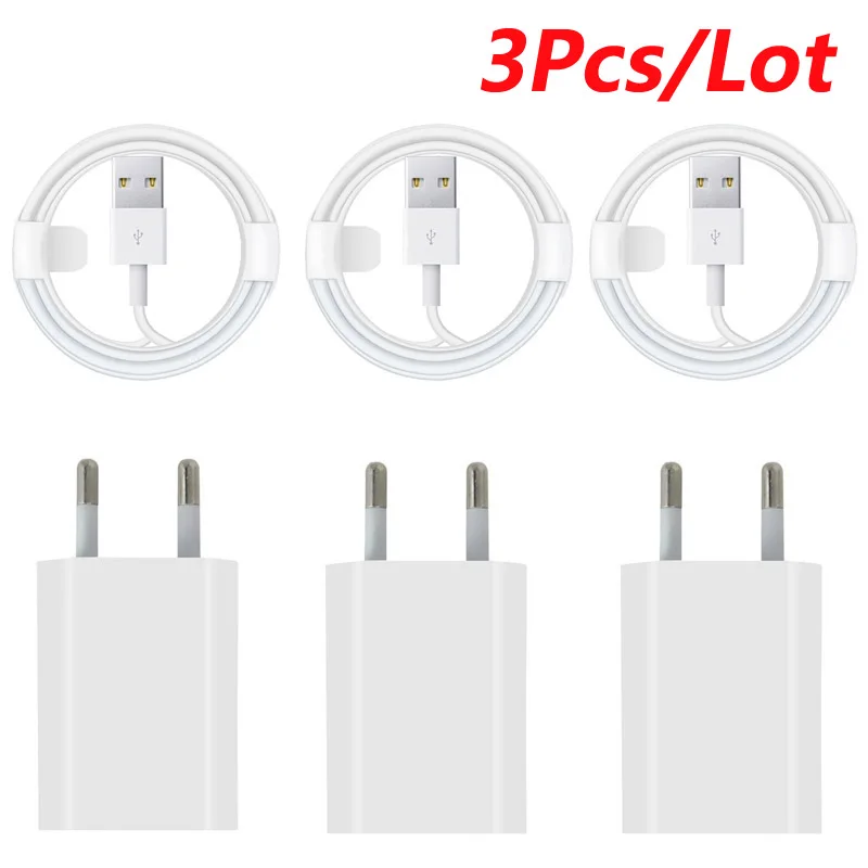 3pcs/lot EU Plug USB Charger For iPhone 13 12 11 Pro MAX USB Charging Cable For iPhone 8 7 6 5S SE 2020 Travel Charger Adapter