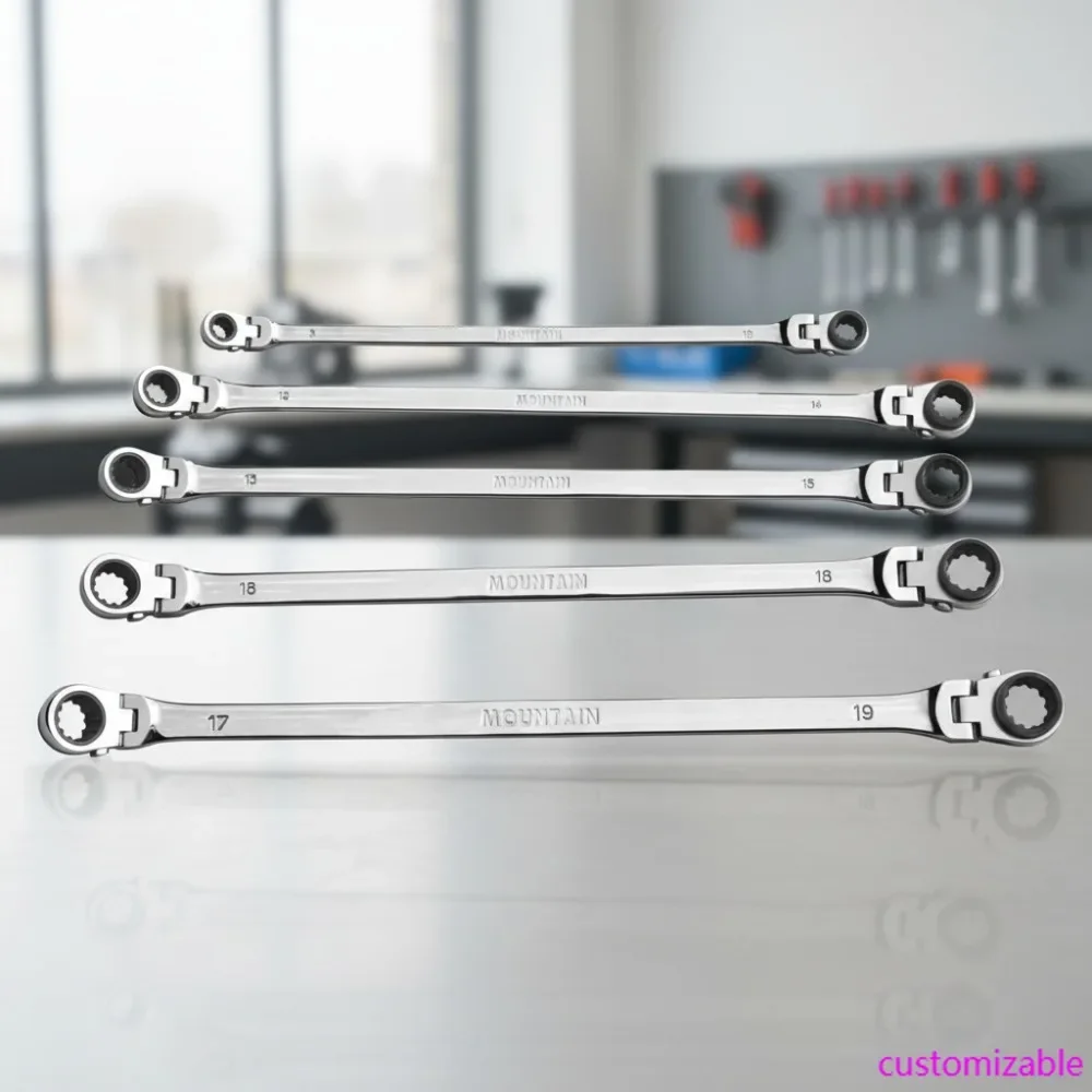 5-Piece Metric Ratcheting Wrench Set with Universal Spline Design, 90-Tooth Mechanism, Flexible Handles