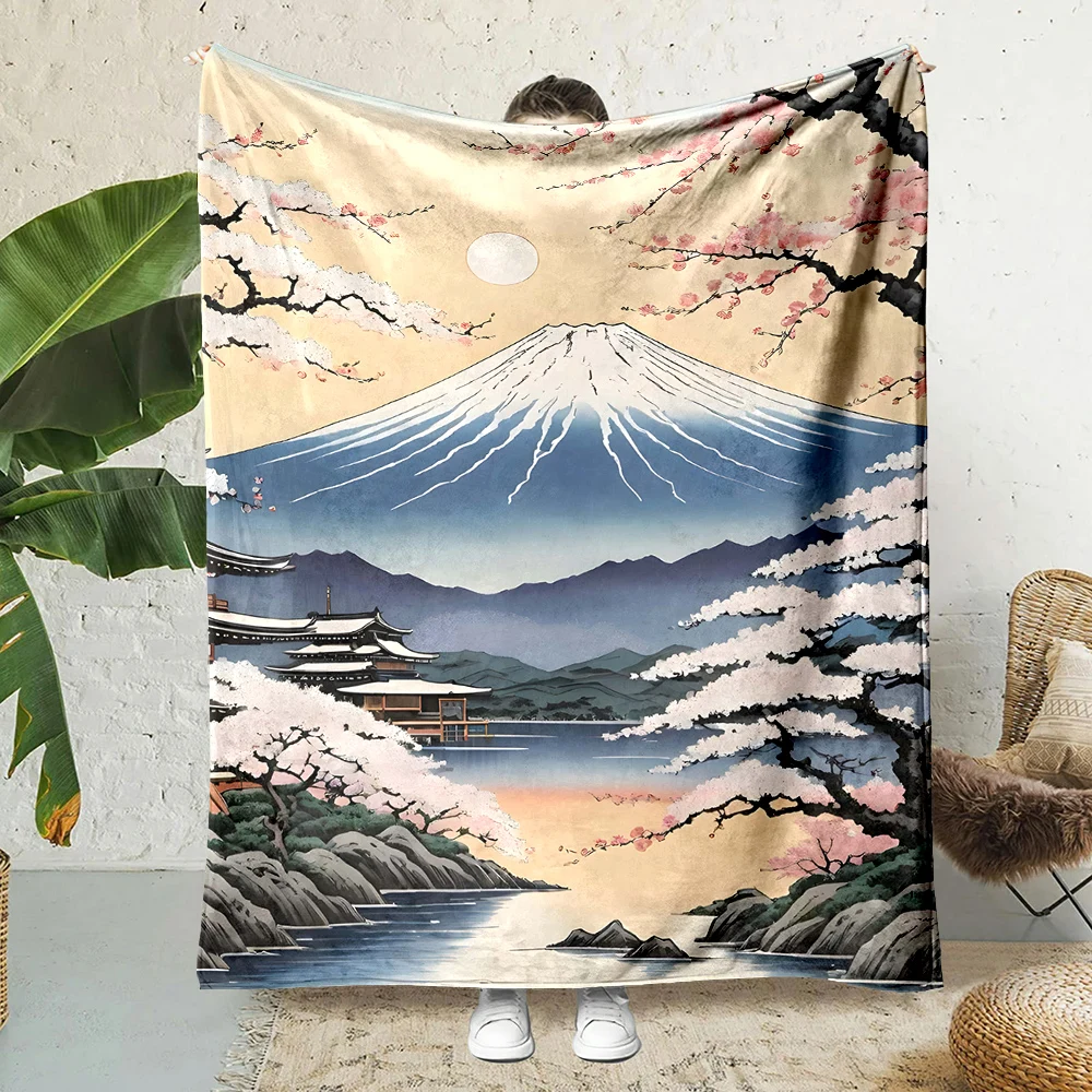 Mount Fuji cherry blossoms lakeside pagoda Print Blanket Warm Soft Fluffy Kids Adult Sofa Bed Throw Outdoor Travel Camping RV
