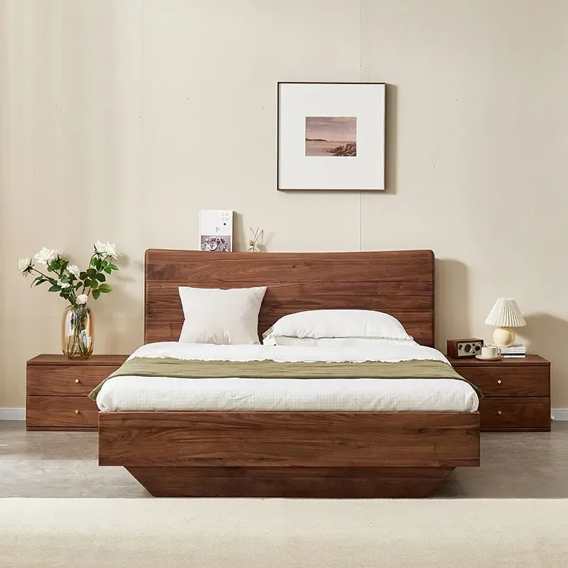 All solid wood bed, modern simple mortise and tenon structure queen bed, master bedroom, black walnut pure wood high box