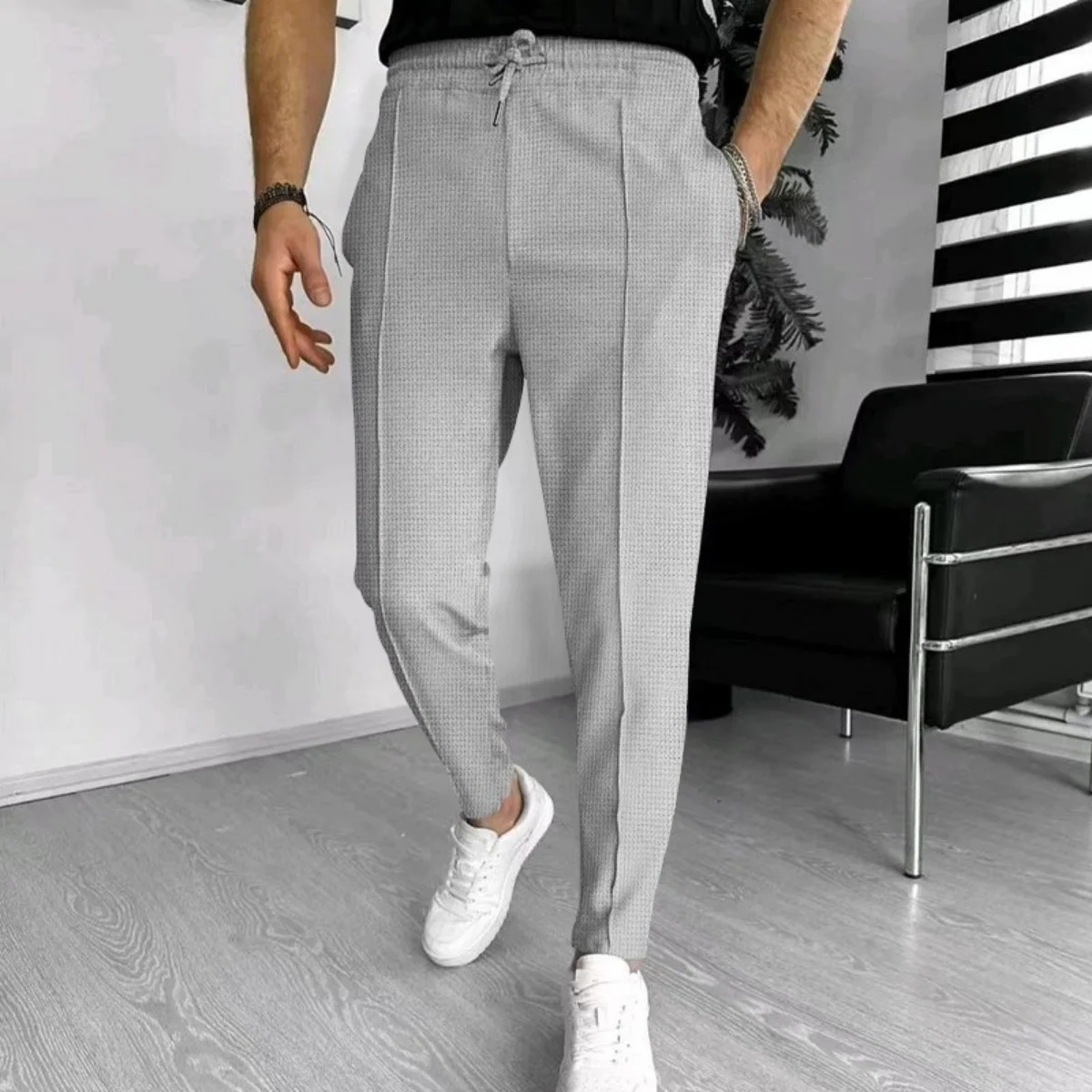 Men's Casual Tracksuit Pants 2025 New Style Spring/Summer Fashion Waffle Check Elastic-Waist Drawstring Calf Pants
