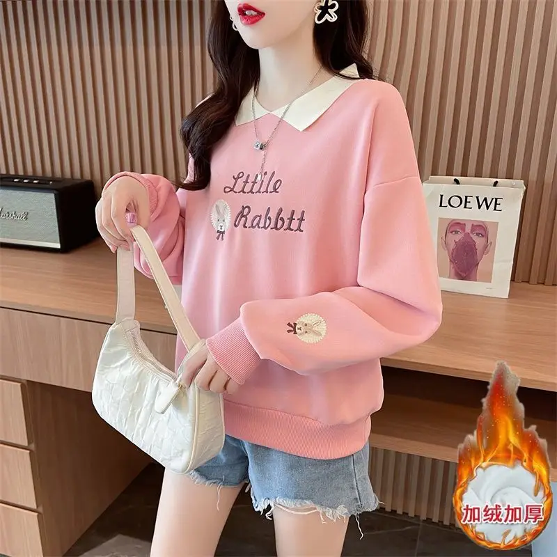 Women Trendy Casual Streetwear Oversize Kawaii Cartoon Embroidery Fleece Sweatshirts Sweet Polo Collar Long Sleeve Pullover Tops