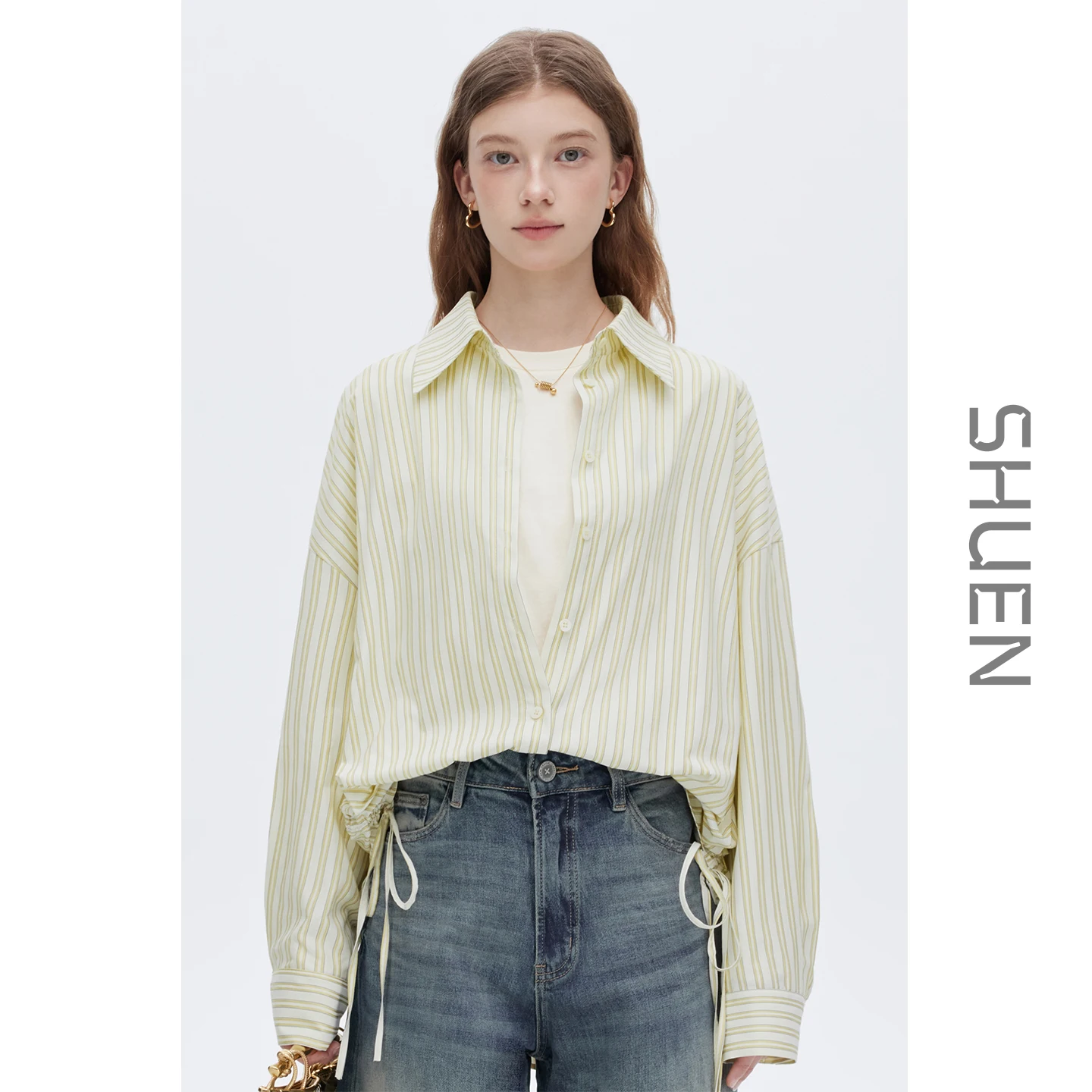 

Classic Queen Yellow Stripe Pleated irt Dstring oulder Drop Cuff Long Sve Women's Korean Sle Commute Cotton Blend