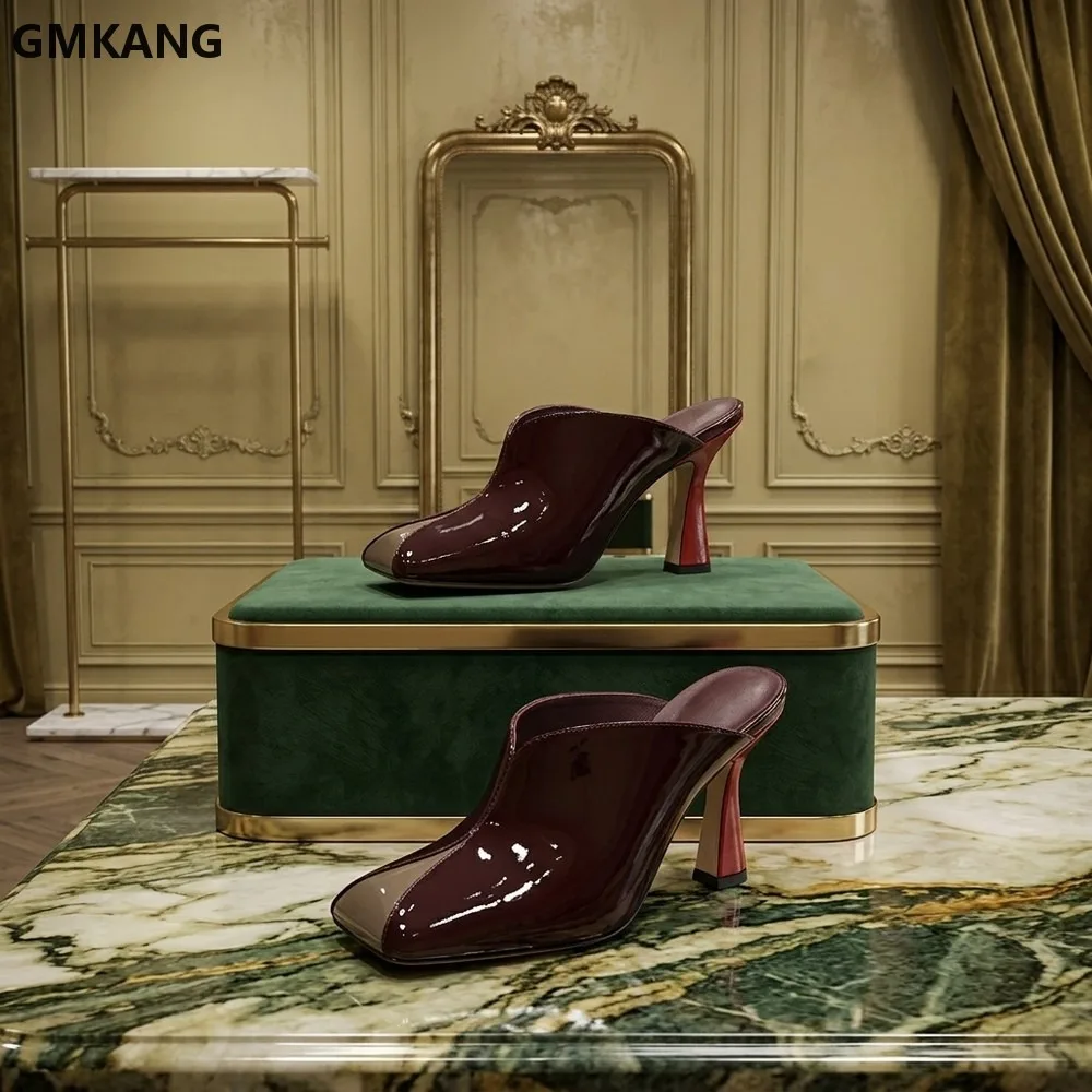 

Square Toe Patent Leather Mules for Women, Chunky High Heel Slippers, Comfortable Slip-On Dress Shoes for Party, Office