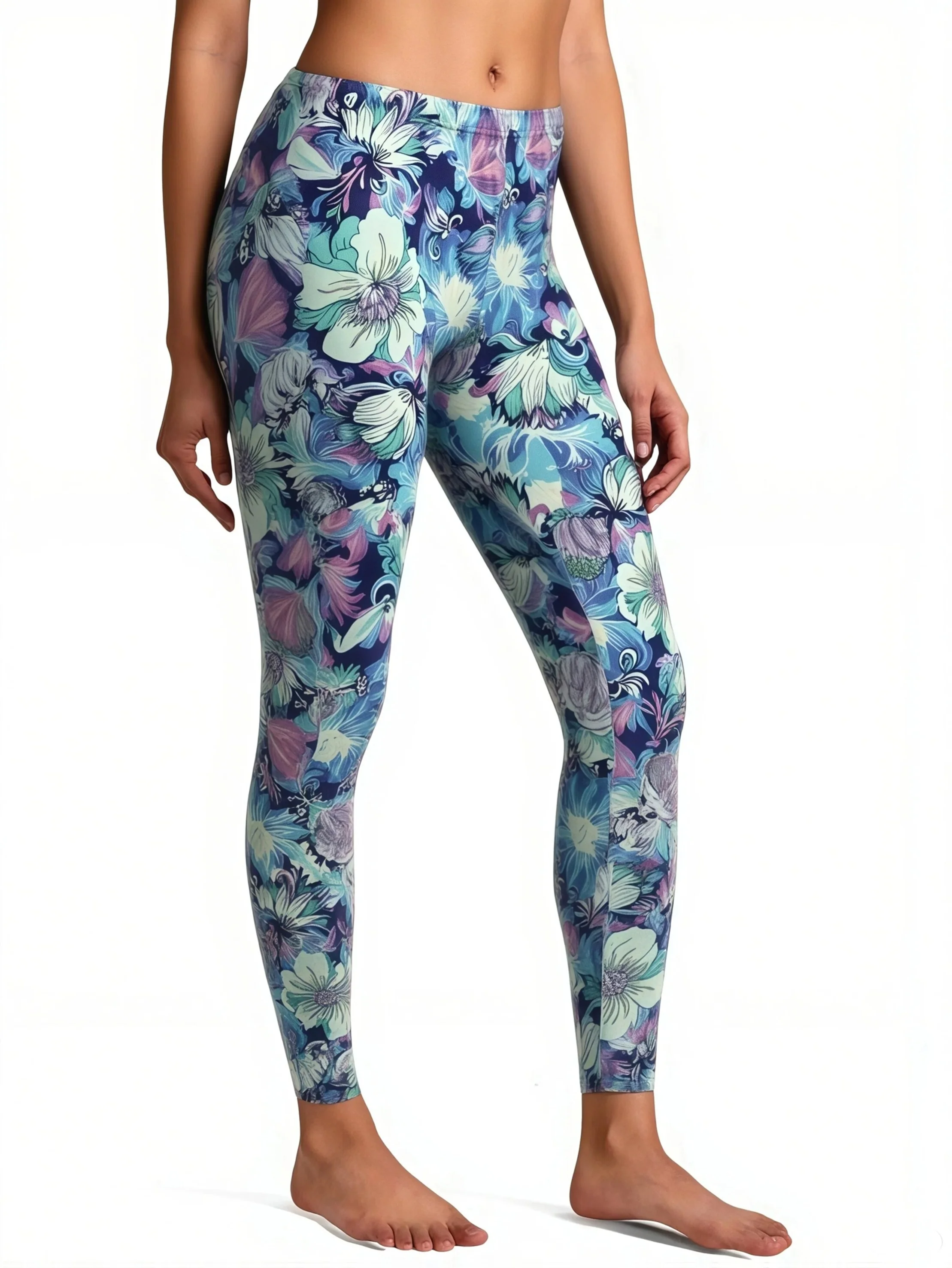 Women Mid‑Rise Fleece Lined Leggings Watercolor Floral Print Slim Stretchy Yoga Casual Daily Pants
