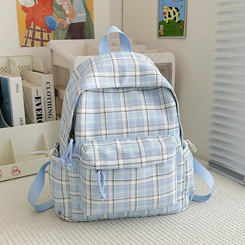 Simple Plaid Nylon Backpack with Multiple Pockets Mini Backpack Purse Stylish & Practical for Junior And High School Students