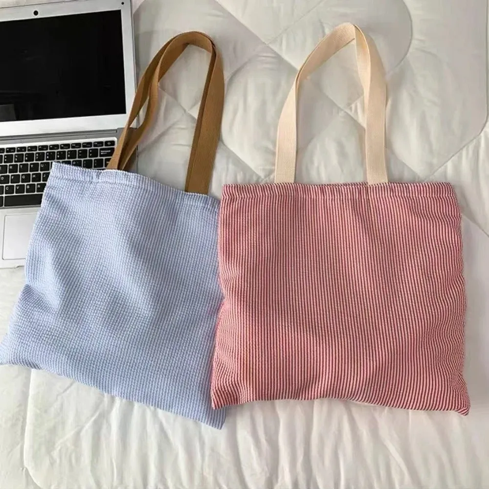 Simple Canvas Shoulder Bag Large Capacity Contrast Color Stripe Handbags Square-shaped Shopping Bag Women