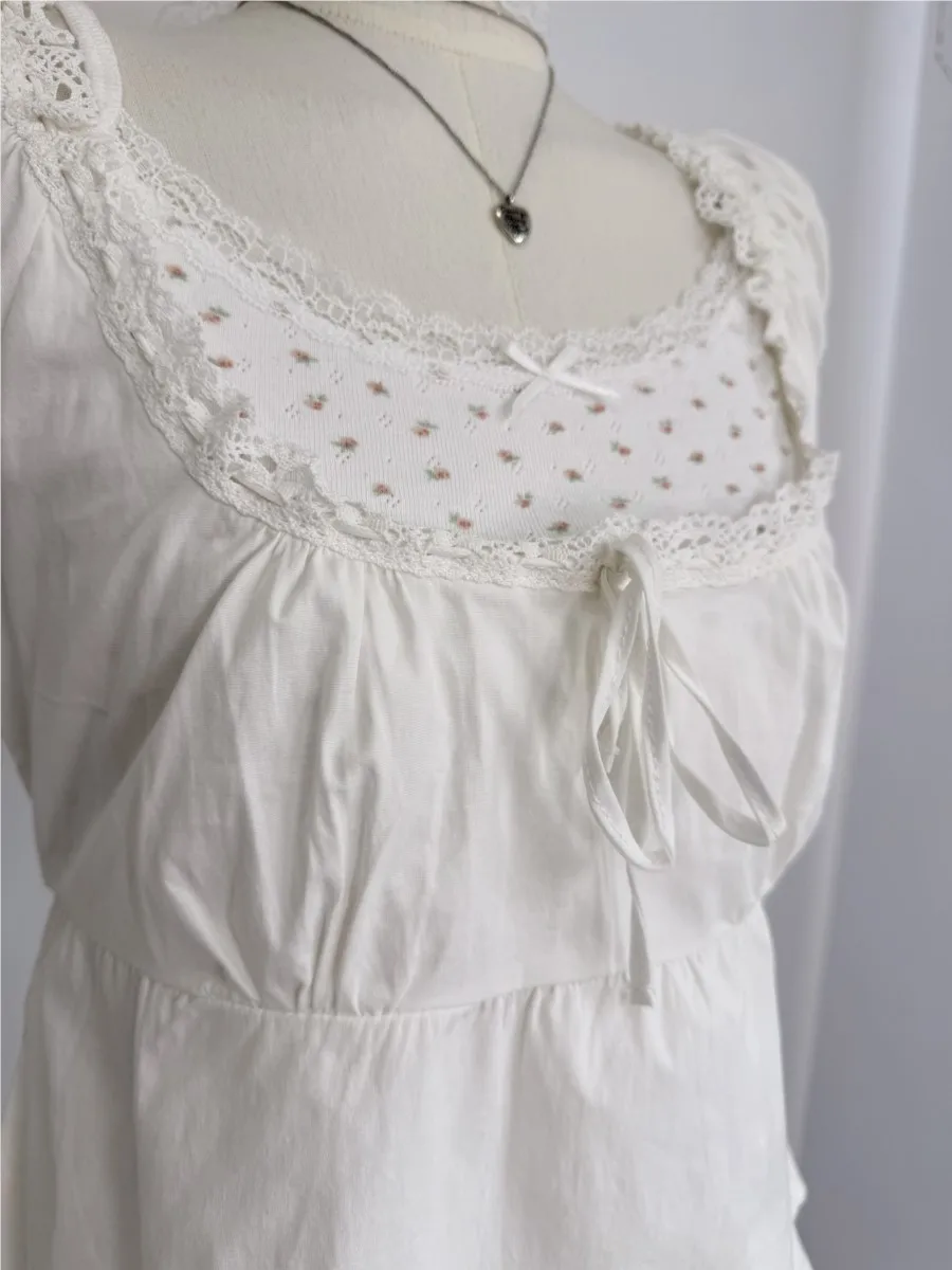 White Lace Trim T-Shirt Shorts Set Women Summer Lace-up Puff Sleeve Blouse+Elastic Waist Short Pants Sweet Simple 2 Piece Sets