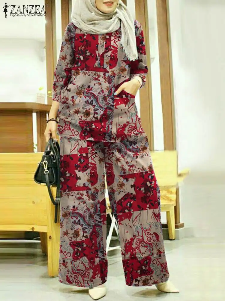 Women Muslim Sets Floral Tracksuits ZANZEA Bohemain Printed Blouse Wide Leg Pant Sets Abaya Suit Fashion Loose Matching Sets